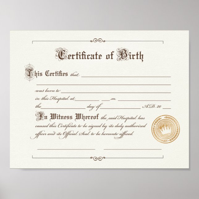 Certificate of Birth Art Print (Front)