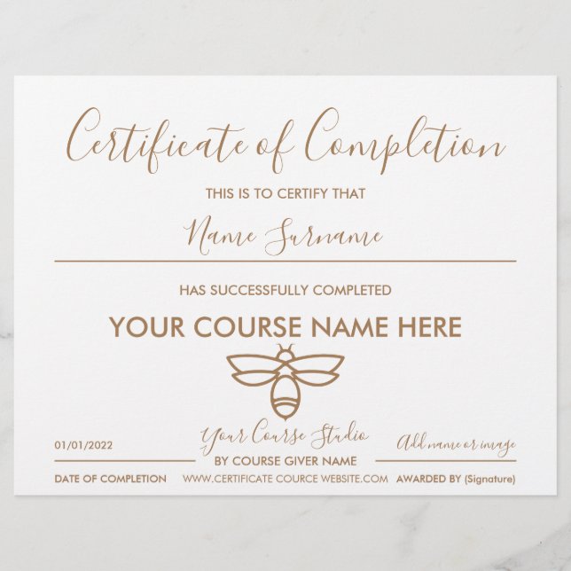 certificate of completion apiary honey bee (Front)