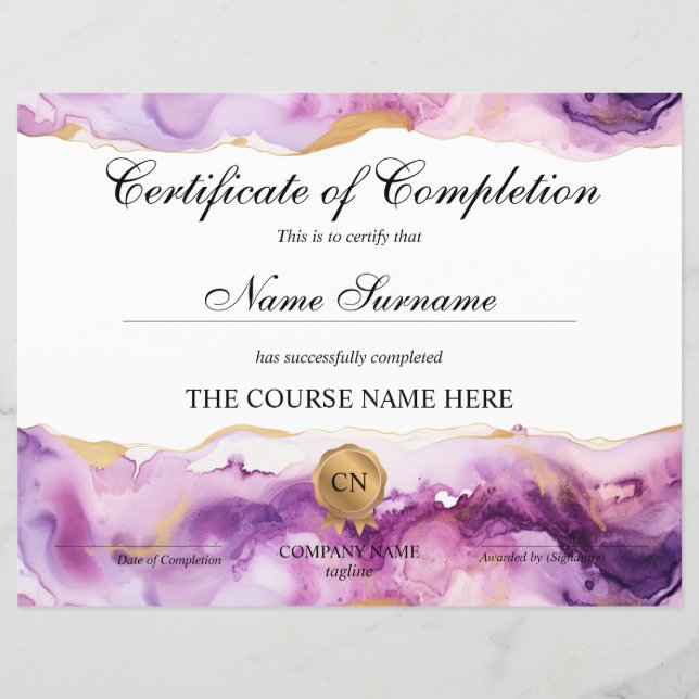 Certificate of Completion Award Course Beauty (Front)