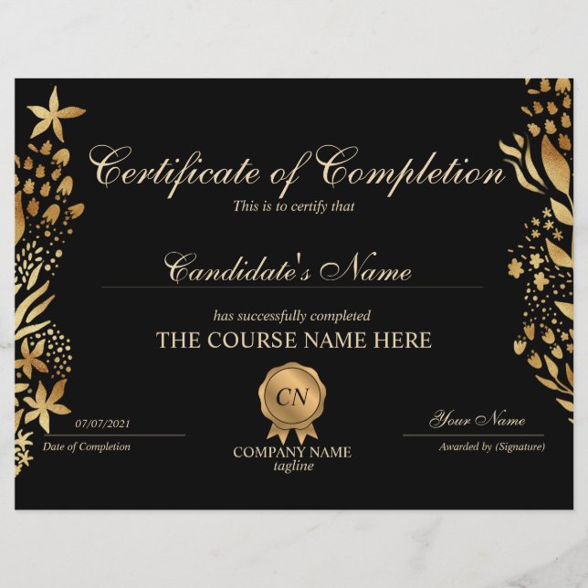 Certificate of Completion Award Course Completion (Front)