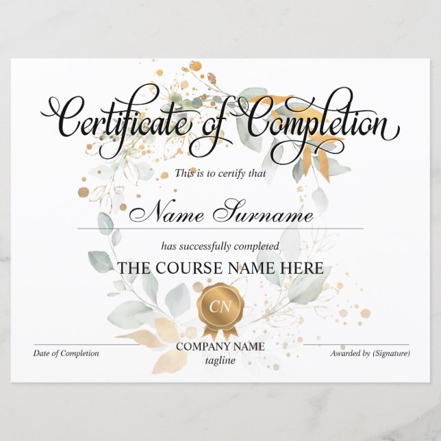 Certificate of Completion Award Course Completion (Front)