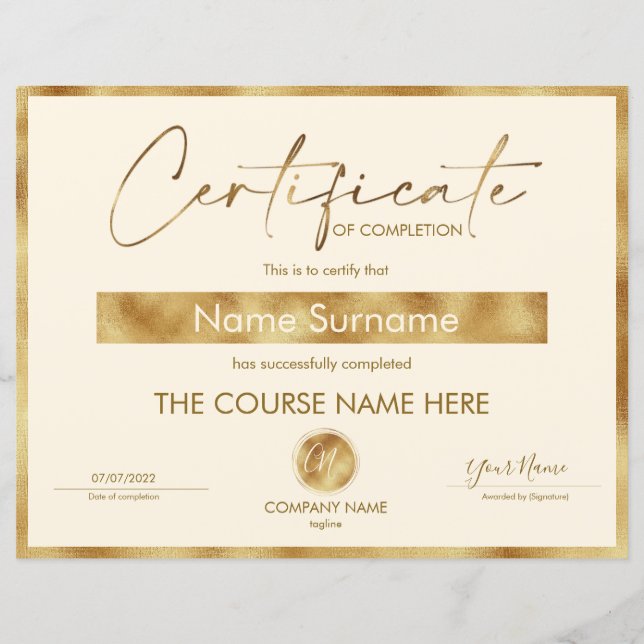 Certificate of Completion Award Course Completion  (Front)