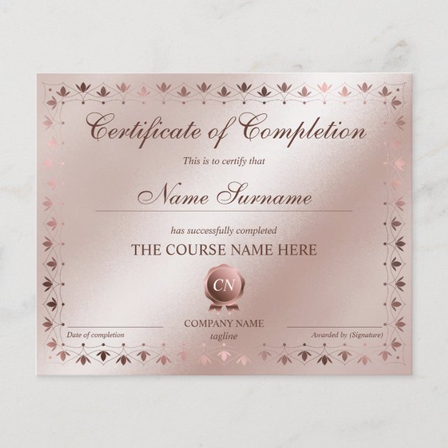 Certificate of Completion Award Course Completion (Front)