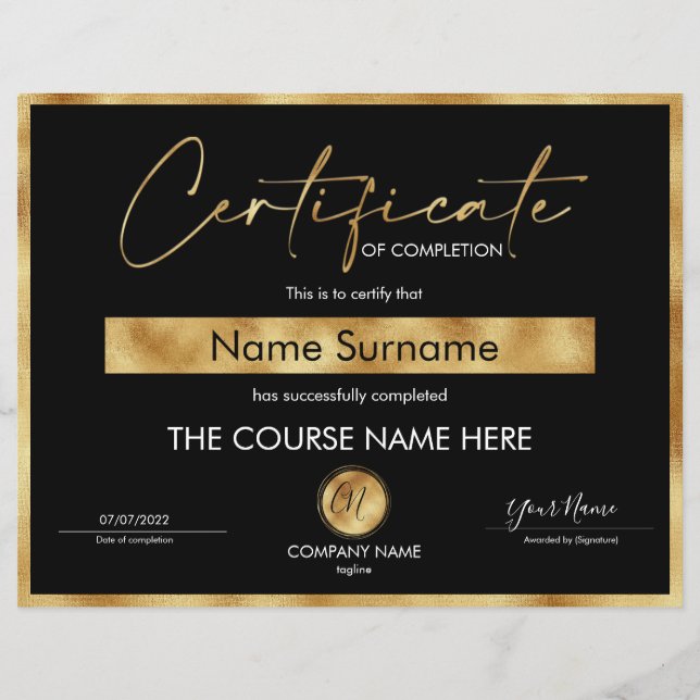 Certificate of Completion Award Course Completion  (Front)