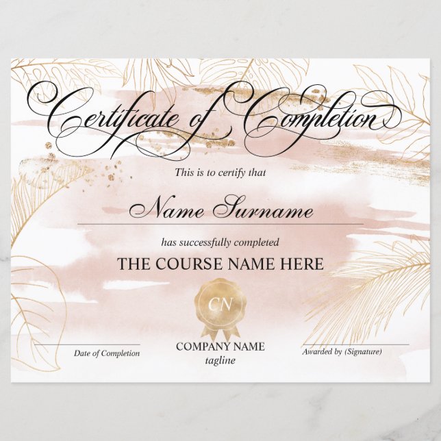 Certificate of Completion Award Course Completion (Front)