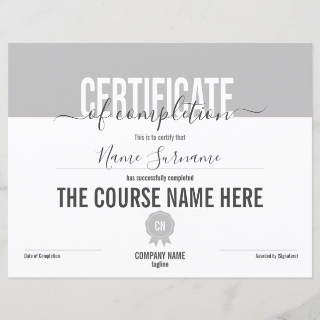 Certificate of Completion Award Course Completion (Front)