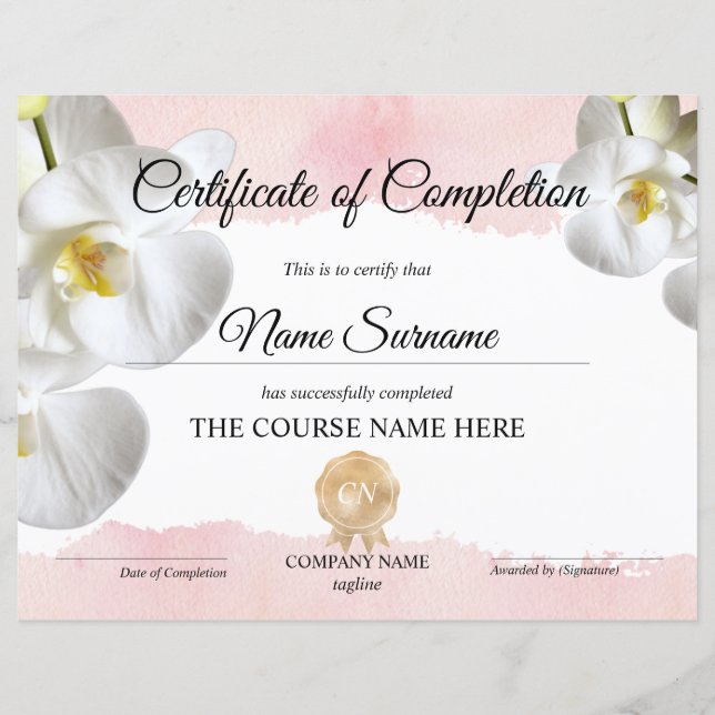 Certificate of Completion Award Course Completion (Front)