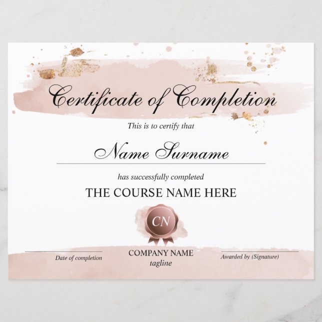 Certificate of Completion Award Course Completion (Front)