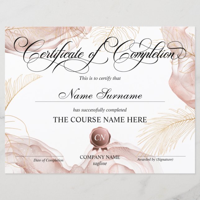 Certificate of Completion Award Course Completion (Front)