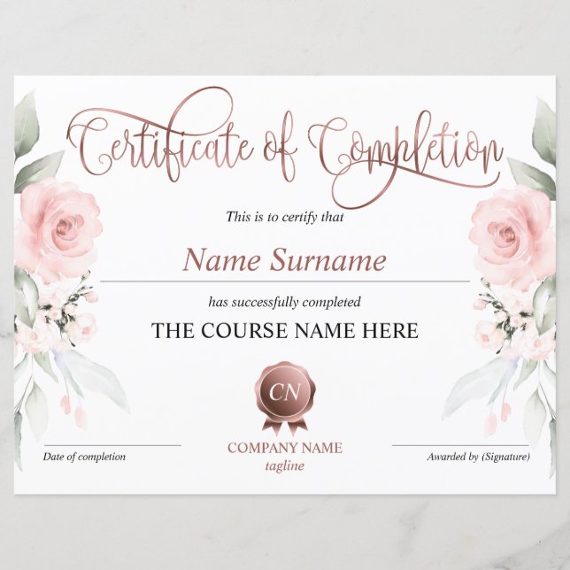 Certificate of Completion Award Course Completion (Front)