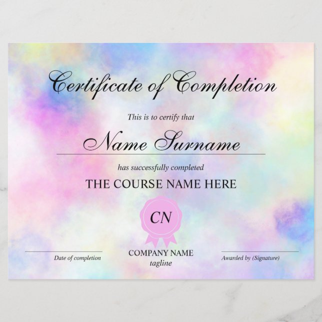 Certificate of Completion Award Course Unicorn (Front)