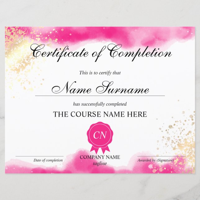 Certificate of Completion Award Course watercolor (Front)