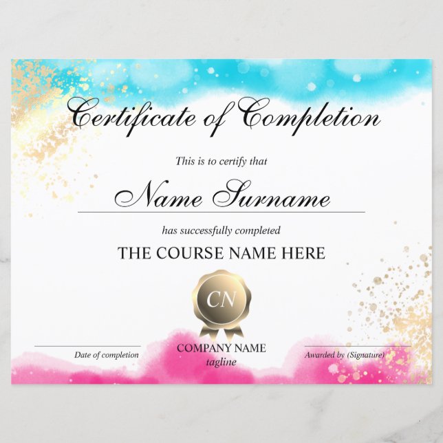 Certificate of Completion Award Course watercolor (Front)