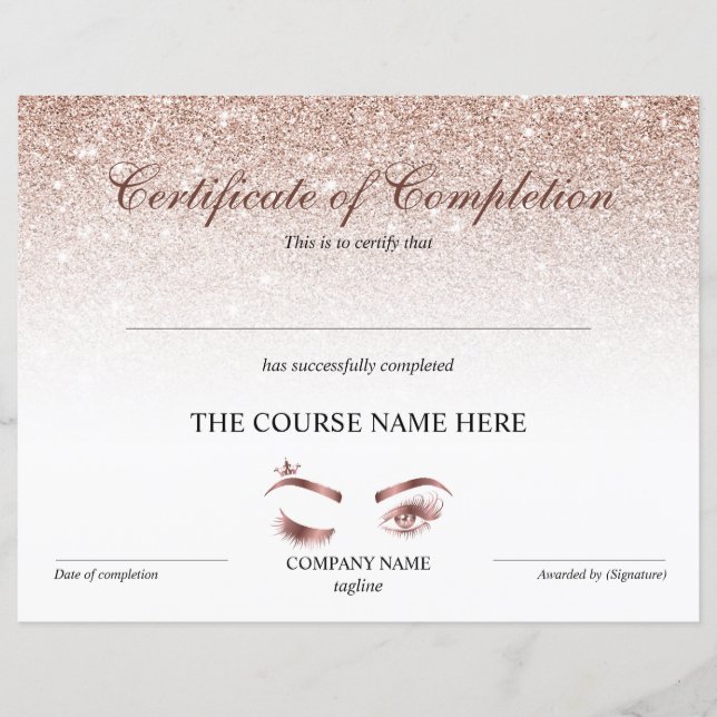Certificate of Completion Award lashes Course (Front)