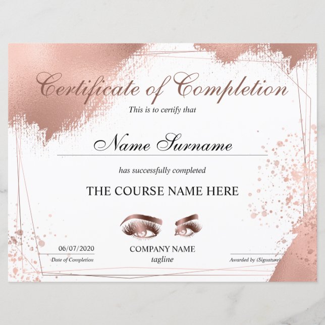 Certificate of Completion Award lashes Course (Front)