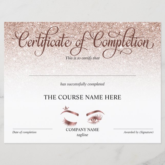 Certificate of Completion Award lashes Course (Front)