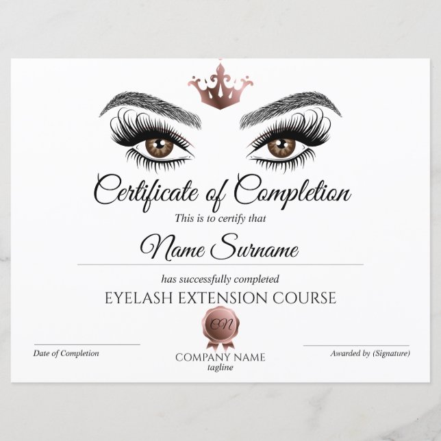 Certificate of Completion Award lashes Course (Front)