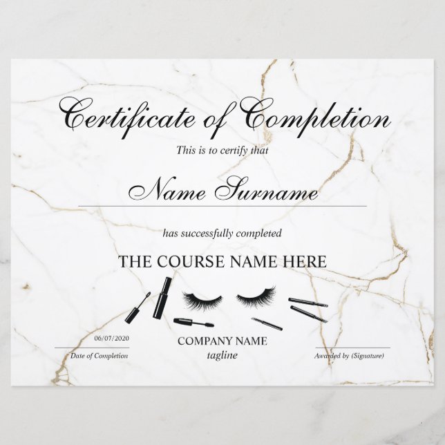 Certificate of Completion Award lashes Course (Front)
