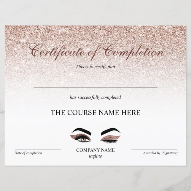 Certificate of Completion Award lashes Course (Front)