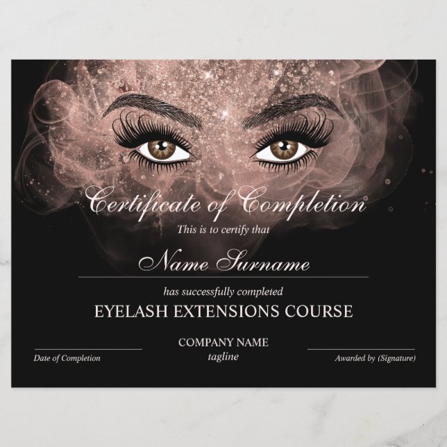 Certificate of Completion Award lashes Course (Front)