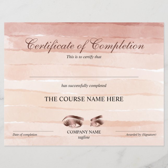Certificate of Completion Award lashes Course (Front)