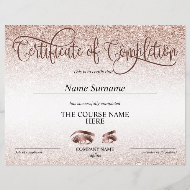 Certificate of Completion Award lashes Course (Front)