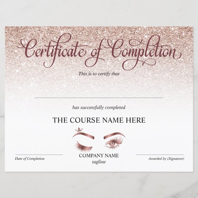 Certificate of Completion Award lashes Course (Front)