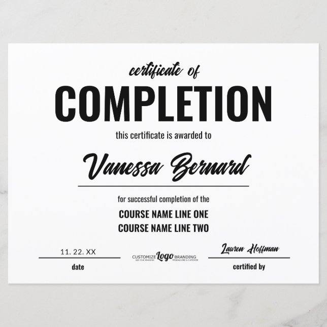 Certificate Of Completion Course Award Bold Script (Front)
