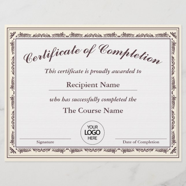 Certificate of Completion Customisable Award (Front)