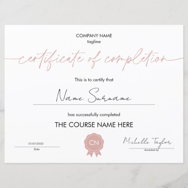 Certificate of Completion Participation Diploma (Front)