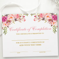 Certificate of Completion Pink Floral Gold