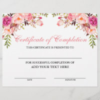 Certificate of Completion Pink Floral - Your Text