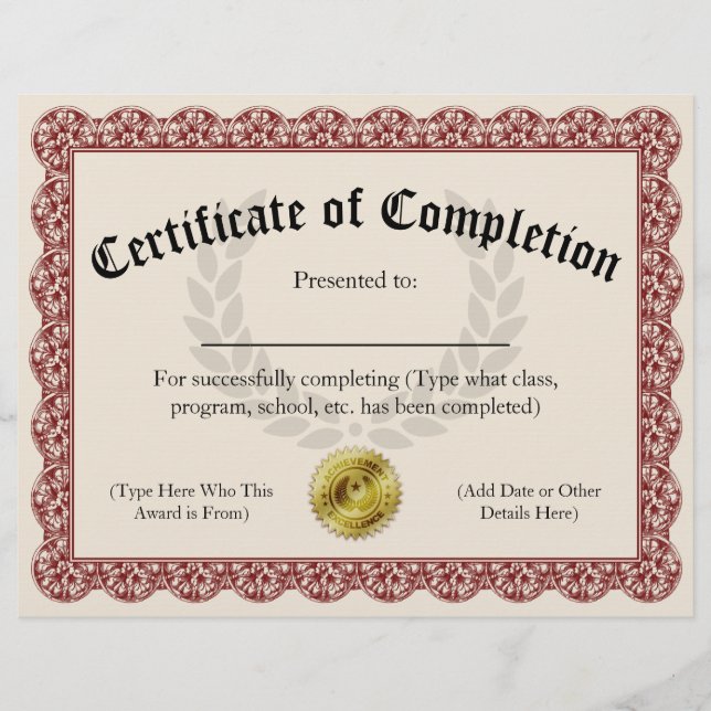 Certificate of Completion Red Customisable 8.5x11 (Front)