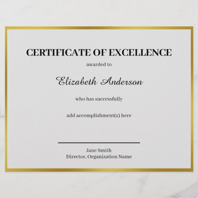 Certificate of Excellence Black White Gold Award (Front)