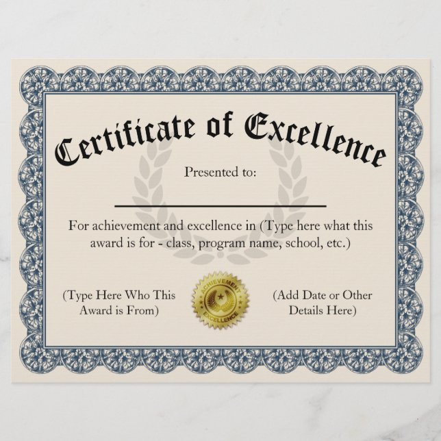 Certificate of Excellence Blue Customisable 8.5x11 (Front)