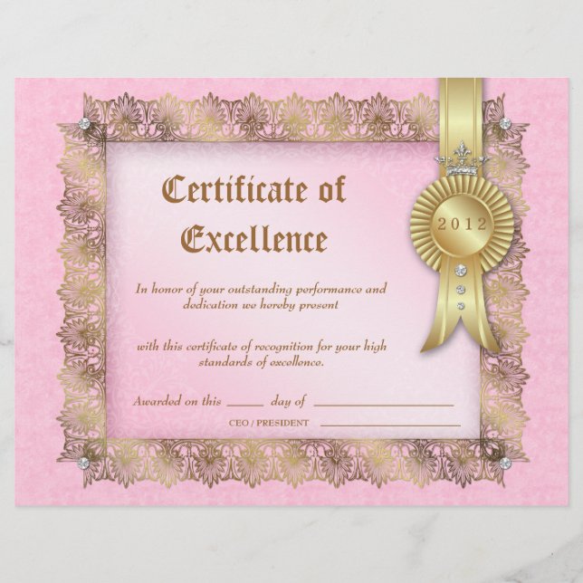 Certificate of Excellence Diploma Gold Pink Crown (Front)
