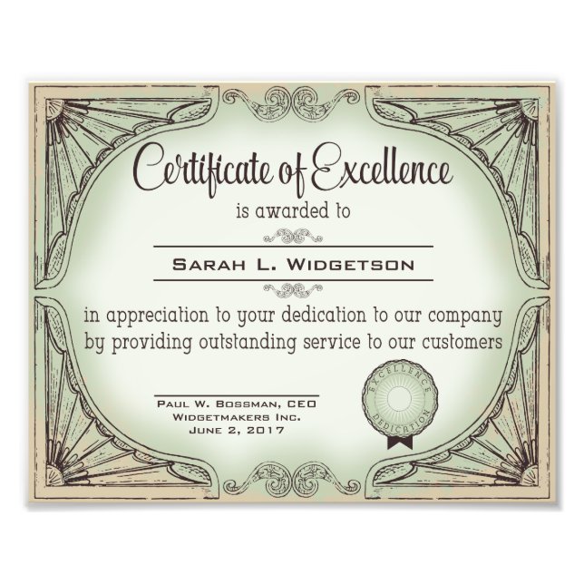 certificate of excellence employee recognition photo print (Front)