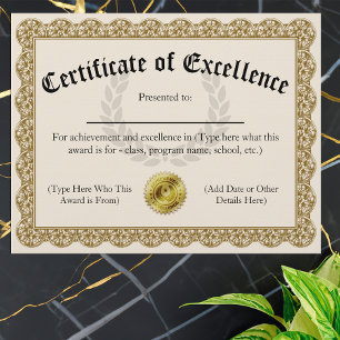 Certificate of Excellence Gold Customisable 8.5x11