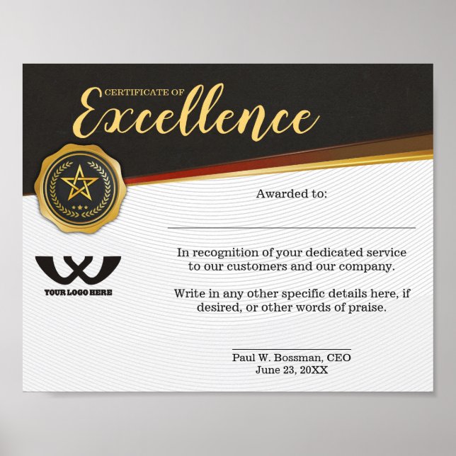 Certificate of excellence staff employee award poster (Front)