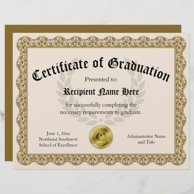 Certificate of Graduation Gold Customisable 8.5x11 (Front/Back)