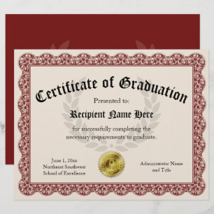 Certificate of Graduation Red Customisable 8.5x11