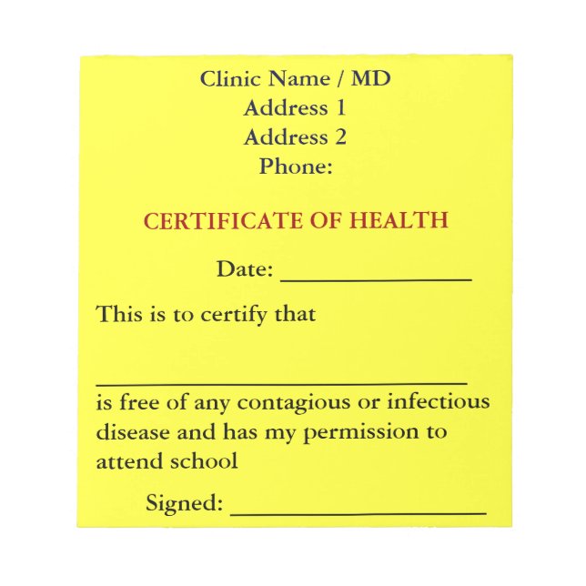 Certificate of Health Notepad (Canary Yellow) (Front)