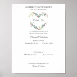 Certificate of Marriage Floral Heart in Pink Poster