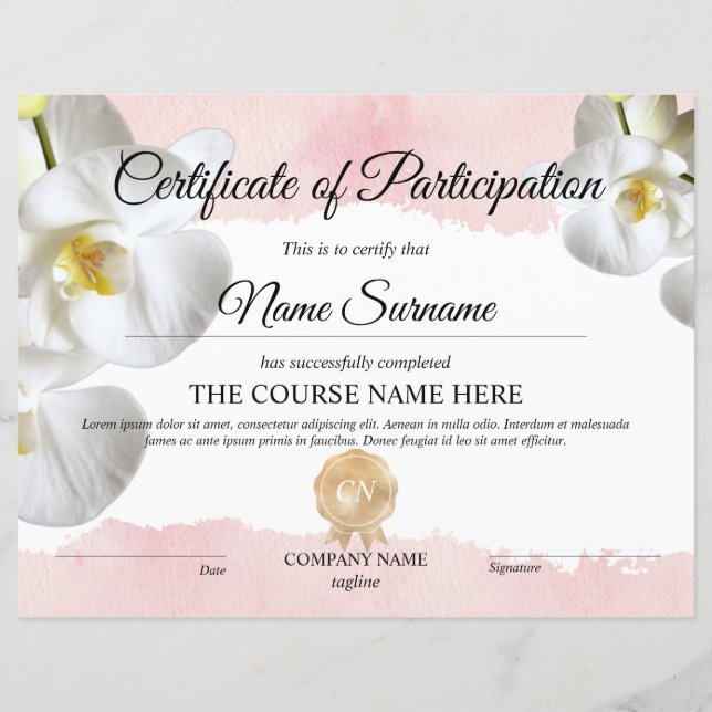 Certificate of Participation Award Course  (Front)