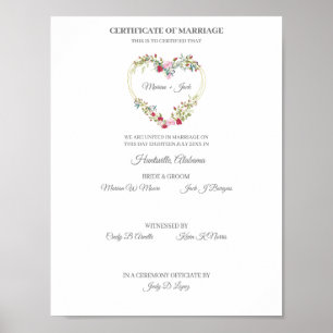 Certificate of Wedding Red & Pink Floral Heart Poster