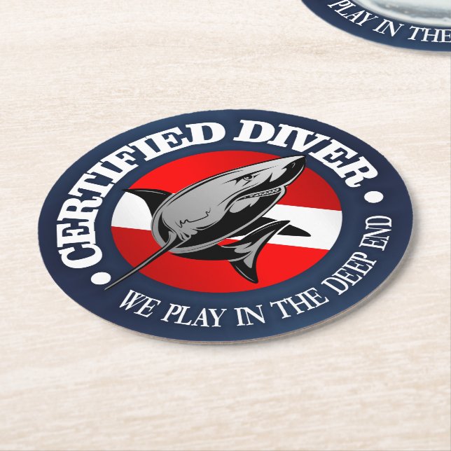 Certified Diver (Shark) Round Paper Coaster (Angled)
