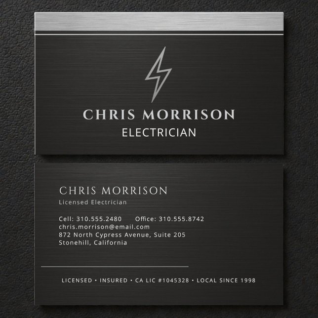 Certified Electrician Metallic Silver Black Business Card (Creator Uploaded)