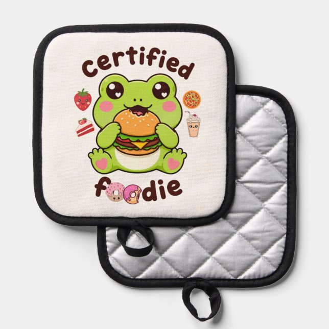 Certified Foodie Cute Kawaii Frog Eating Burger |  Pot Holder (Front/Back)