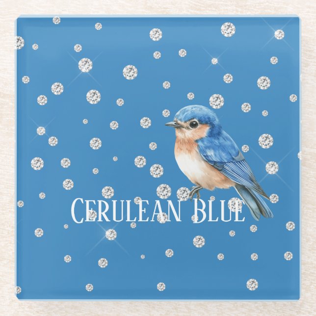 Cerulean Blue Bird Faux Diamonds Glass Coaster (Front)