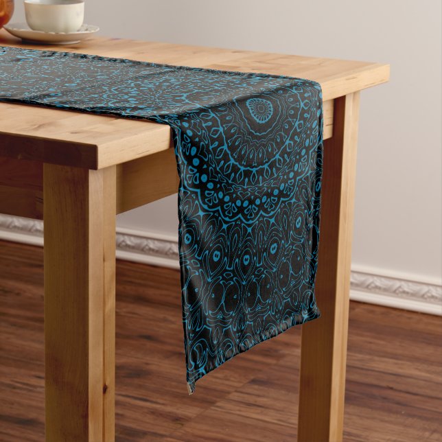 Cerulean Blue Mandala with Ornamental Symmetry Long Table Runner (In Situ)